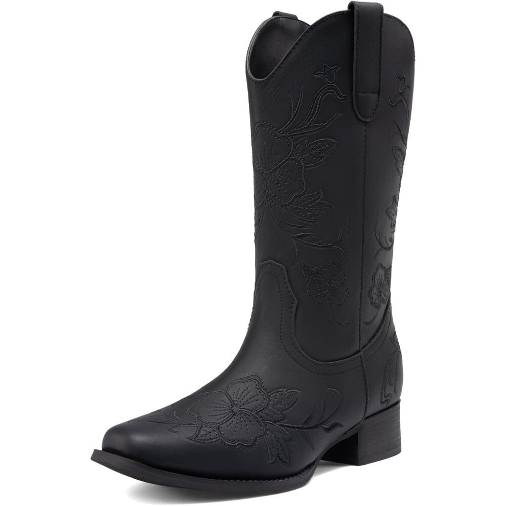 Women's Black Western Cowboy Boots Square Toe Embroidered Mid Calf Chunky Heel